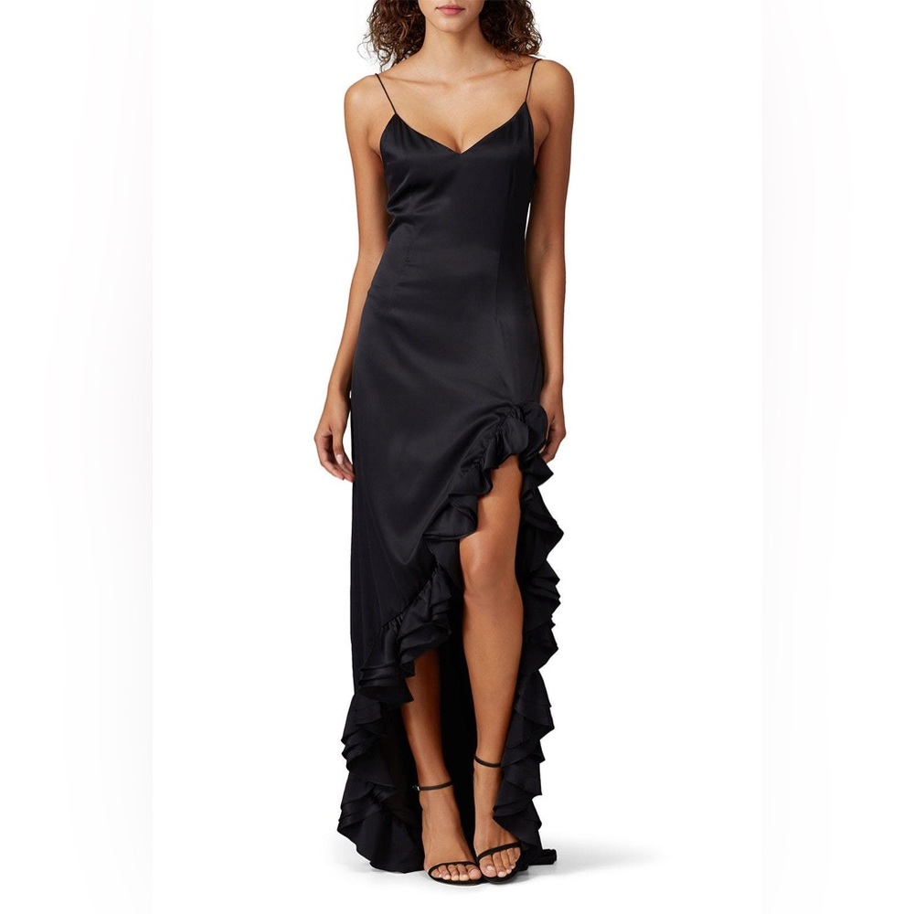 CAROLINE CONSTAS Silk V-Neck Sleeveless Ruffle Hem Ruched Side Slit Maxi Gown XS